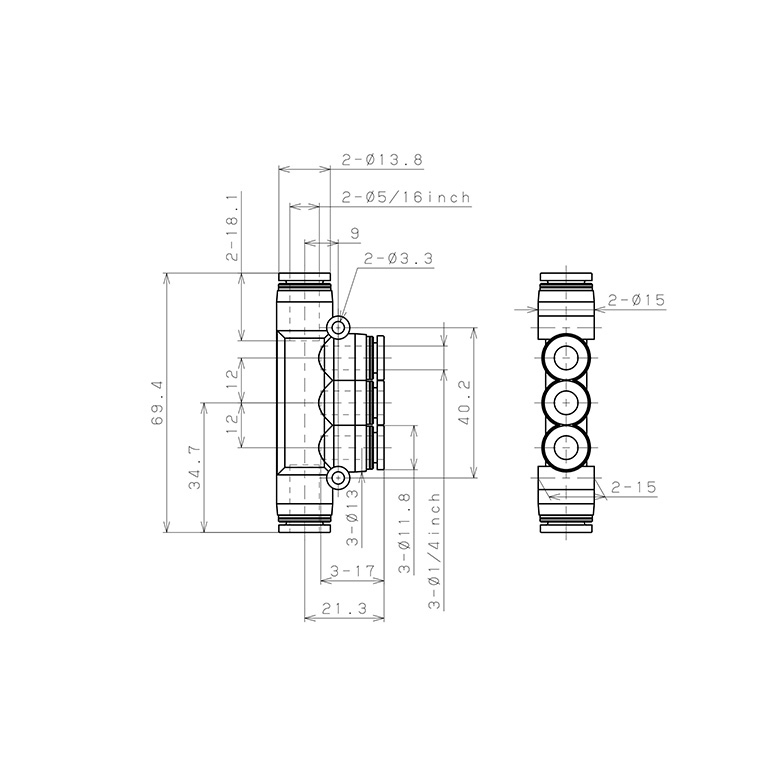 Bản vẽ kỹ thuật Đầu Nối Nhanh Khí Nén Chữ T 5 Ngã Dạng Nối Giảm Pisco PKG5/16-1/4-C