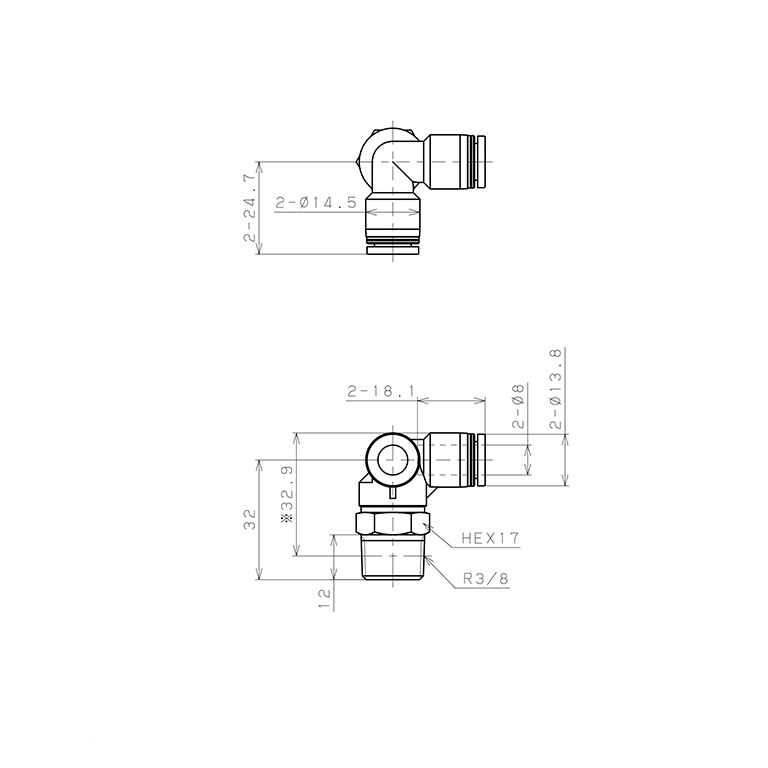Bản vẽ kỹ thuật Đầu Nối Nhanh Khí Nén Hai Nhánh Chạc Ba Cong 90° Ren Ngoài Pisco PVX8-03