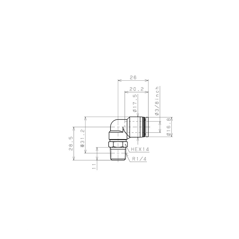 Bản vẽ kỹ thuật Đầu Nối Nhanh Khí Nén Dạng Cong 90° Ren Ngoài Pisco PL3/8-02-UC