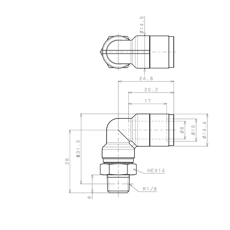 Bản vẽ kỹ thuật Đầu Nối Nhanh Khí Nén Dạng Cong 90° Ren Ngoài Pisco KL8-01-F