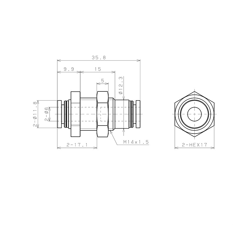 Bản vẽ kỹ thuật Đầu Nối Nhanh Khí Nén Dạng Thẳng Ren Ngoài Lắp Kẹp Vách Pisco PPMP6-UC