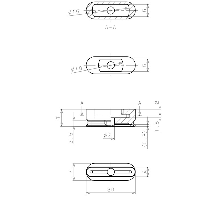 Bản vẽ kỹ thuật Đầu Nấm Hút Chân Không Hình Oval Bầu Dục, Silicone Dẫn Điện,  O.D , Pisco VP4x20ESE