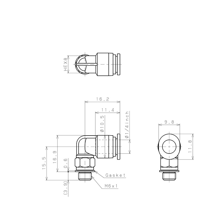 Bản vẽ kỹ thuật Đầu Nối Nhanh Khí Nén Dạng Cong 90° Ren Ngoài Pisco PL1/4-M6M
