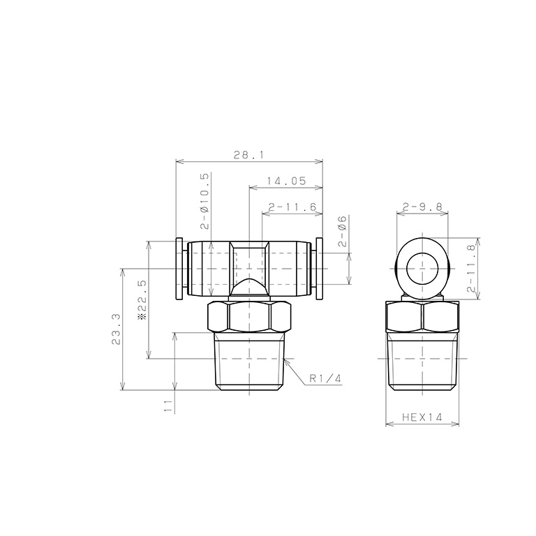 Bản vẽ kỹ thuật Đầu Nối Nhanh Khí Nén Dạng Chữ T Ren Ngoài Pisco PB6-02MW
