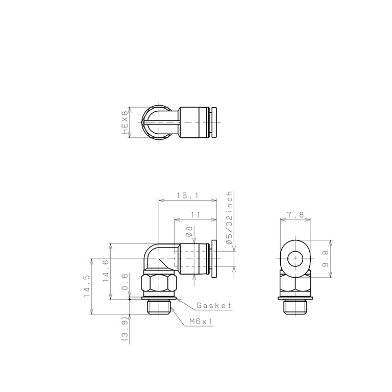 Bản vẽ kỹ thuật Đầu Nối Nhanh Khí Nén Dạng Cong 90° Ren Ngoài Pisco PL5/32-M6M