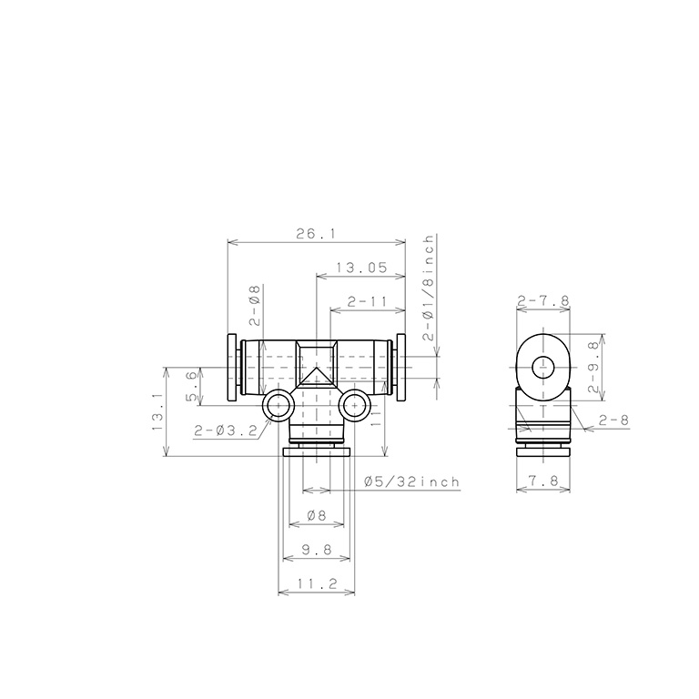 Bản vẽ kỹ thuật Đầu Nối Nhanh Khí Nén Chữ T Dạng Nối Giảm Pisco PEG1/8-5/32M