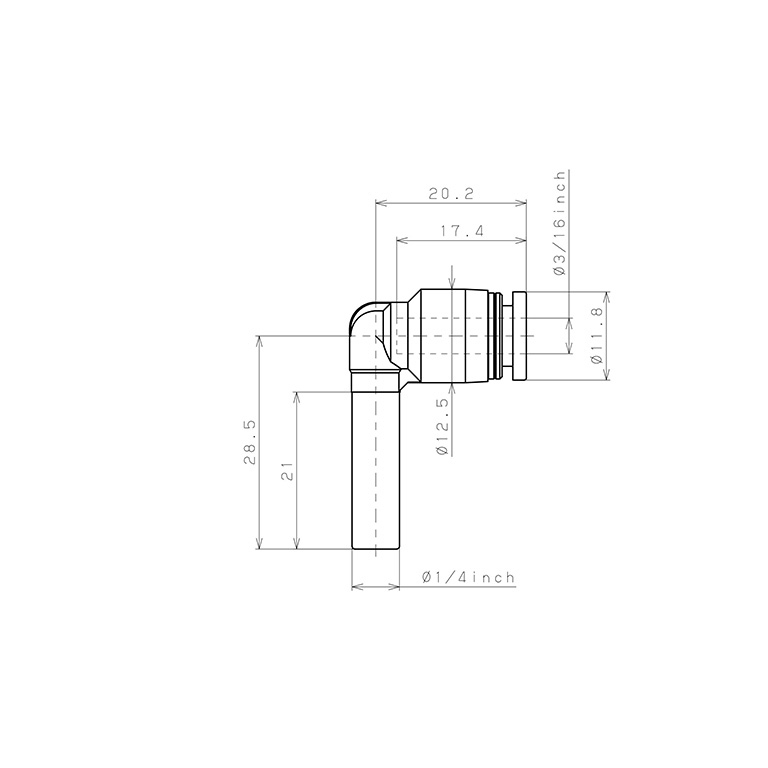 Bản vẽ kỹ thuật Đầu Nối Nhanh Khí Nén Giữa Ống Khí Và Fitting Dạng Nối Giảm Cong 90° Pisco PLGJ1/4-3/16