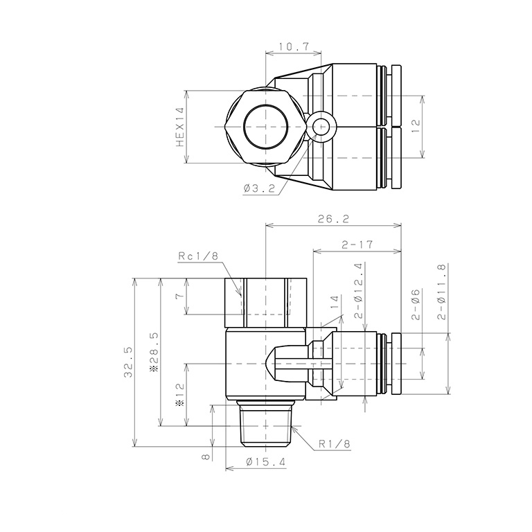 Bản vẽ kỹ thuật Đầu Nối Nhanh Khí Nén Hai Nhánh Cong 90° Đầu Lục Giác Trụ Ren Đực Cái Pisco PAF6-01