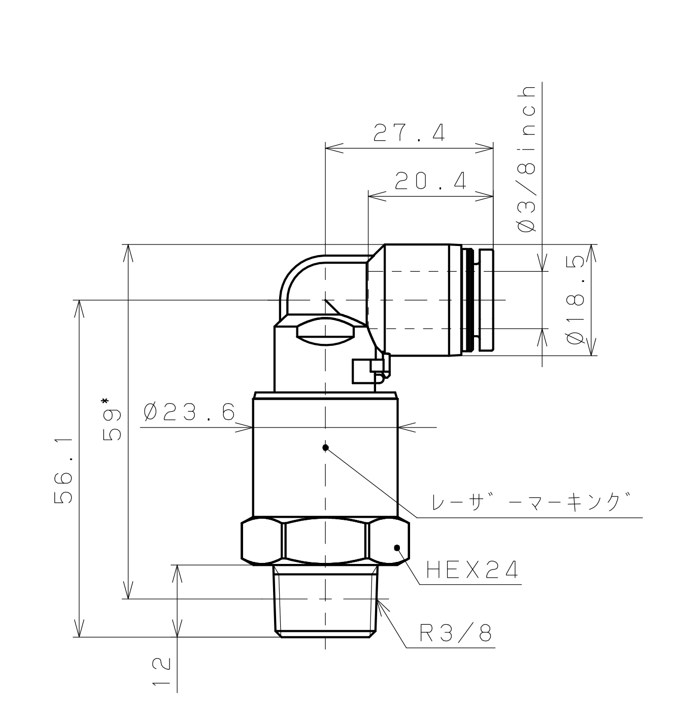 Bản vẽ kỹ thuật Đầu Nối Nhanh Khí Nén Dạng Cong 90° Ren Ngoài Có Khớp Xoay Pisco RAL3/8-03SUS-F-TP
