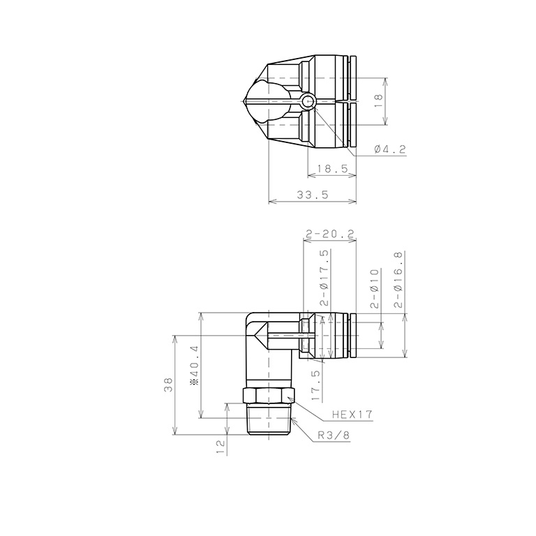 Bản vẽ kỹ thuật Đầu Nối Nhanh Khí Nén Hai Nhánh Cong 90° Ren Ngoài Pisco SPAX10-03