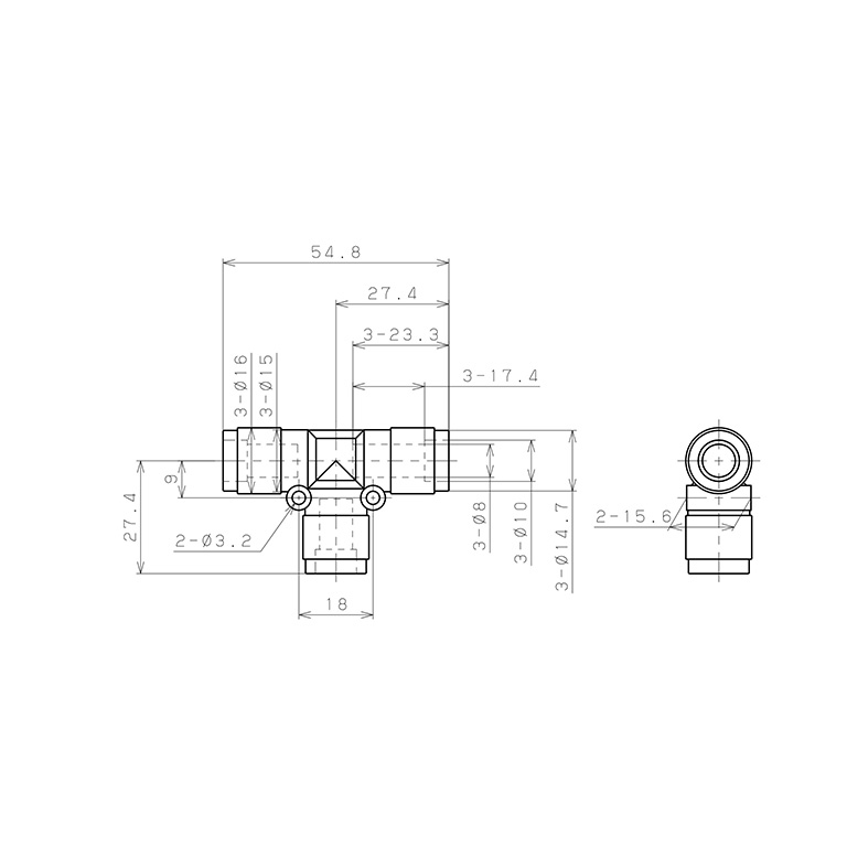Bản vẽ kỹ thuật Đầu Nối Nhanh Khí Nén Chữ T Pisco PE8V-0