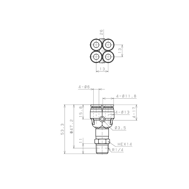 Bản vẽ kỹ thuật Đầu Nối Nhanh Khí Nén Dạng Chữ Y Bốn Nhánh Ren Ngoài Pisco SPRX6-02-UC