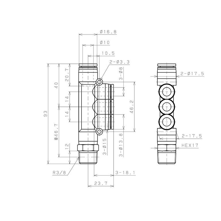 Bản vẽ kỹ thuật Đầu Nối Nhanh Khí Nén Dạng Chữ T Bốn Nhánh Ren Ngoài Pisco SPKD10-8-03