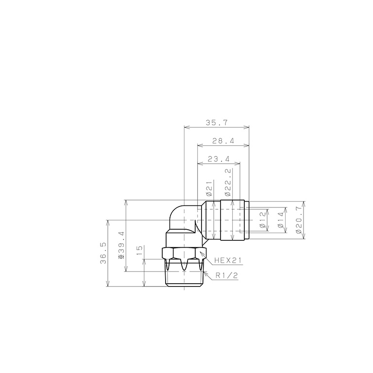 Bản vẽ kỹ thuật Đầu Nối Nhanh Khí Nén Dạng Cong 90° Ren Ngoài Pisco PL12-04V-0