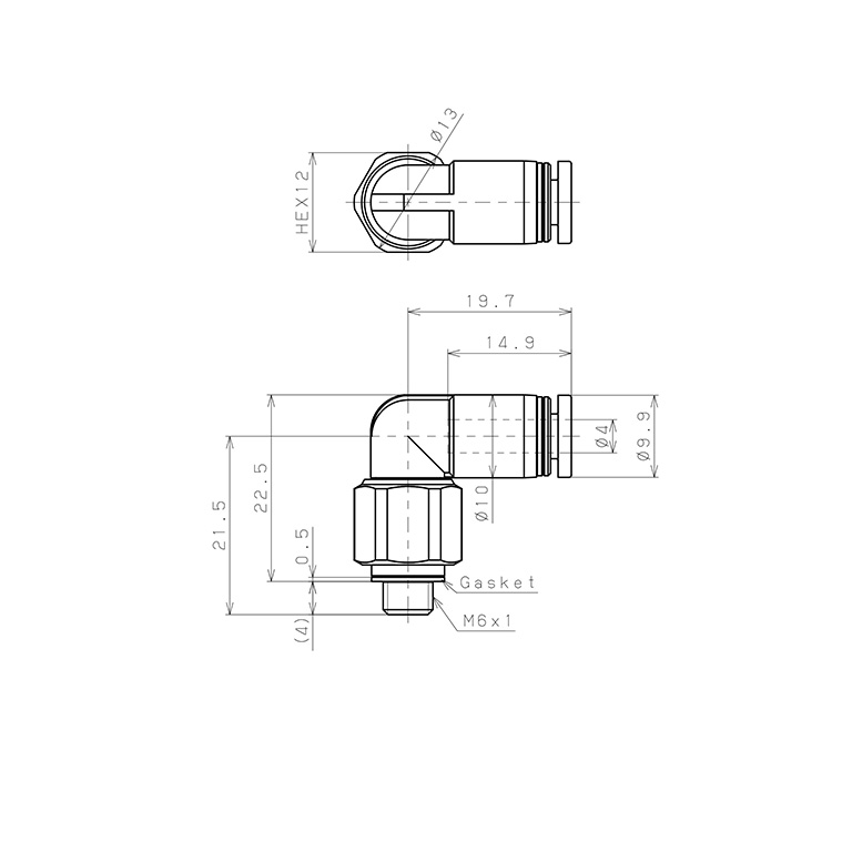 Bản vẽ kỹ thuật Đầu Nối Nhanh Khí Nén Dạng Cong 90° Ren Ngoài Có Khớp Xoay Pisco RL4-M6