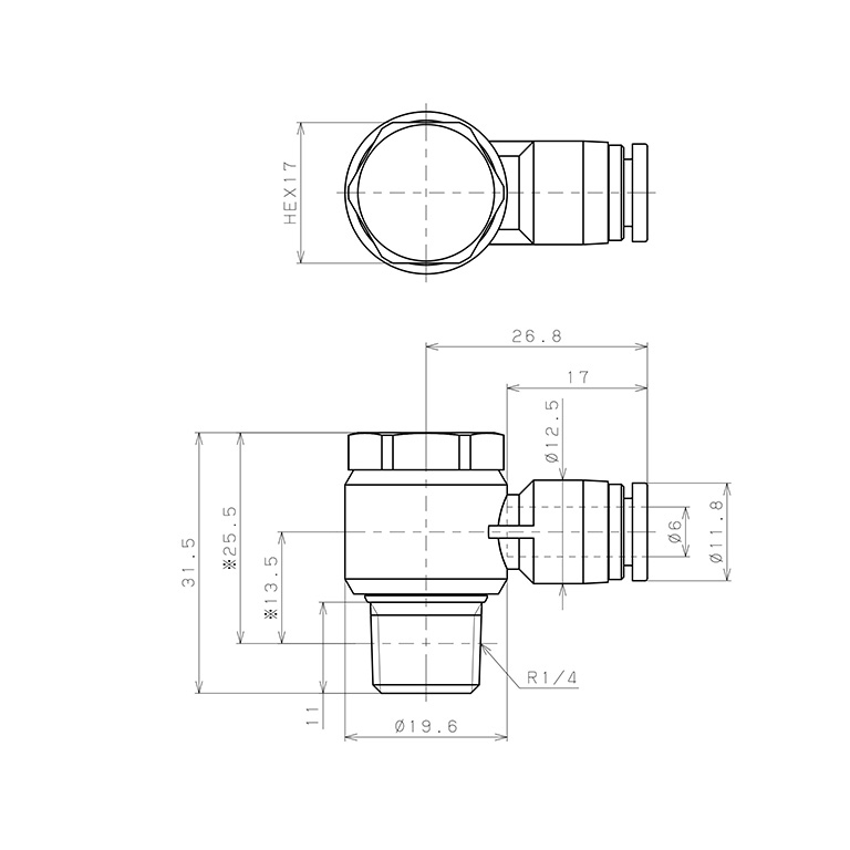 Bản vẽ kỹ thuật Đầu Nối Nhanh Khí Nén Cong 90° Đầu Lục Giác Trụ Ren Ngoài Pisco SPH6-02