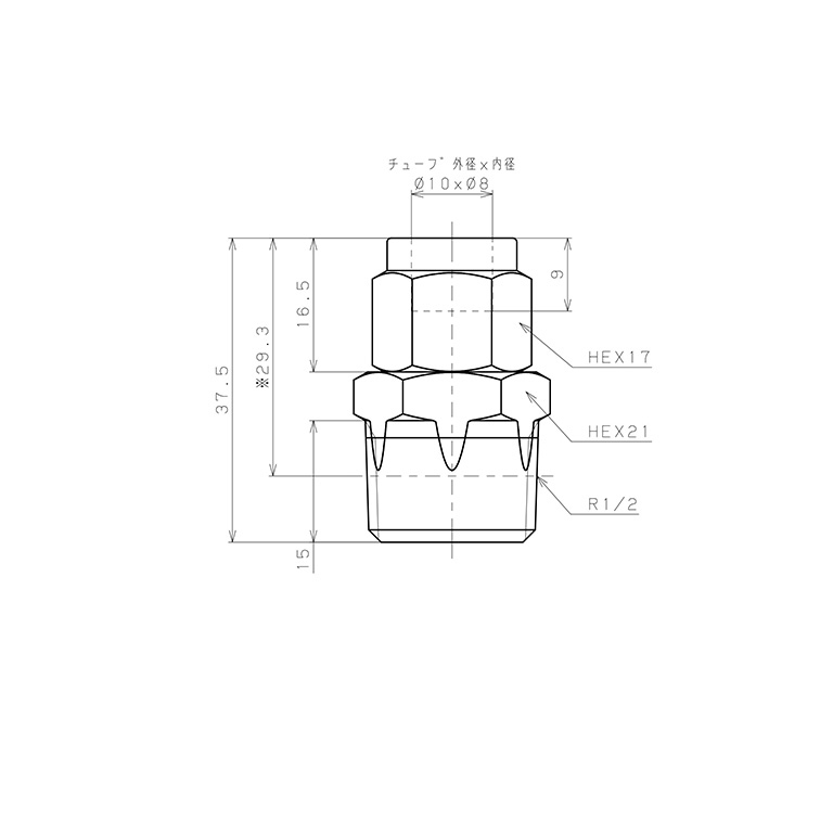 Bản vẽ kỹ thuật Đầu Ngạnh Nối Ống Có Đai Ốc Xiết Dạng Thẳng Thân Lục Giác Ren Ngoài Pisco NSC1080-04
