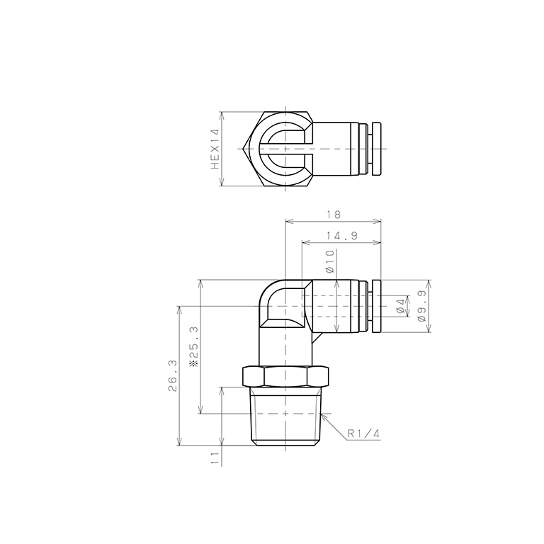 Bản vẽ kỹ thuật Đầu Nối Nhanh Khí Nén Dạng Cong 90° Ren Ngoài Pisco SPPL4-02SP