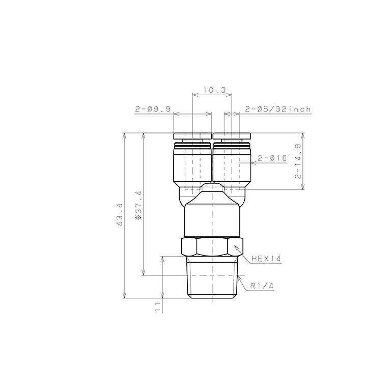 Bản vẽ kỹ thuật Đầu Nối Nhanh Khí Nén Dạng Chữ Y Ren Ngoài Pisco PX5/32-02W