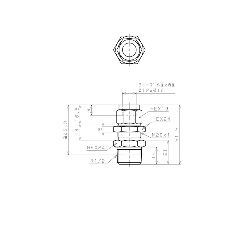 Bản vẽ kỹ thuật Đầu Ngạnh Nối Ống Có Đai Ốc Xiết Dạng Lắp Vách Ren Ngoài Pisco NSMC1210-04