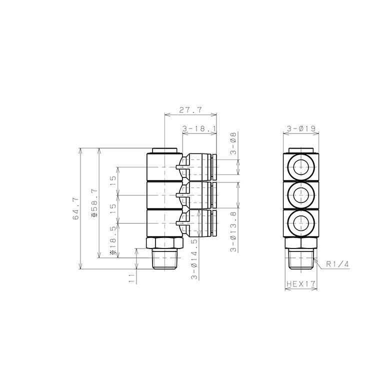 Bản vẽ kỹ thuật Đầu Nối Nhanh Khí Nén Ba Nhánh Cong 90° Thân Lục Giác Trụ Ren Ngoài Pisco SPHT8-02