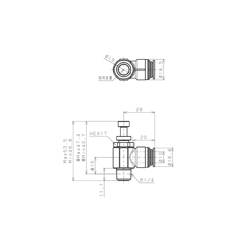 Bản vẽ kỹ thuật Van Tiết Lưu Khí Nén Bằng Đồng Mạ Niken Pisco KJSC10-02B-1