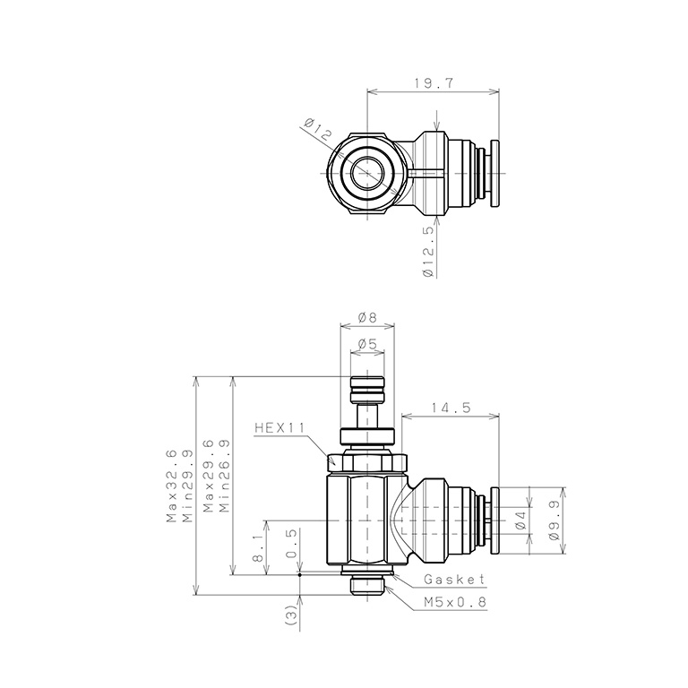 Bản vẽ kỹ thuật Van Tiết Lưu Khí Nén Chân Kim, Đồng Mạ Niken Pisco KJNC4-M5-1-F