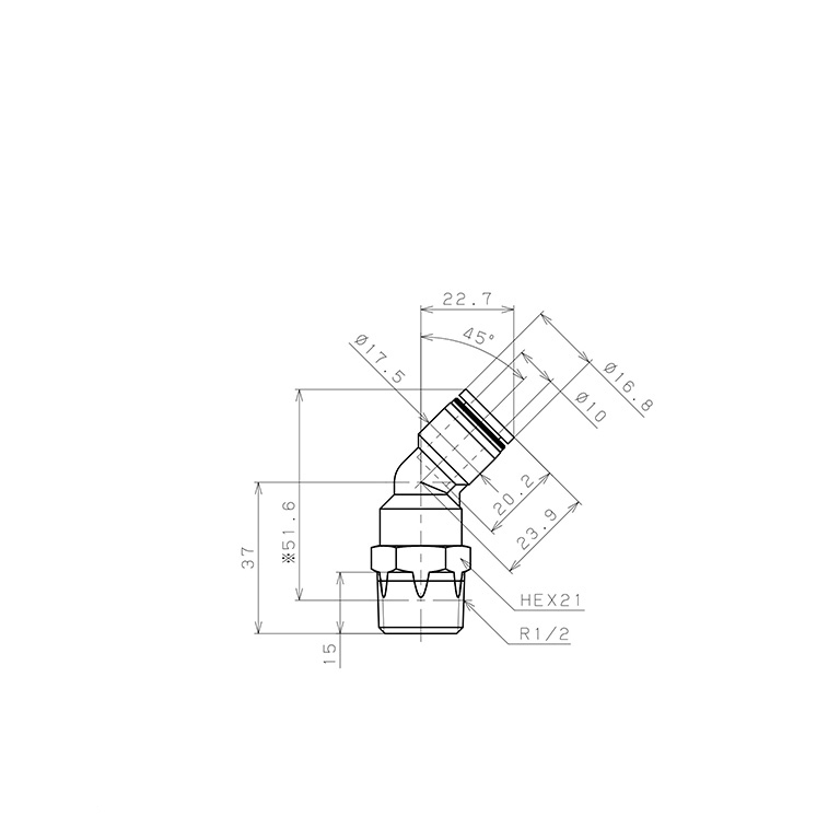 Bản vẽ kỹ thuật Đầu Nối Nhanh Khí Nén Dạng Cong 45° Ren Ngoài Pisco PLH10-04