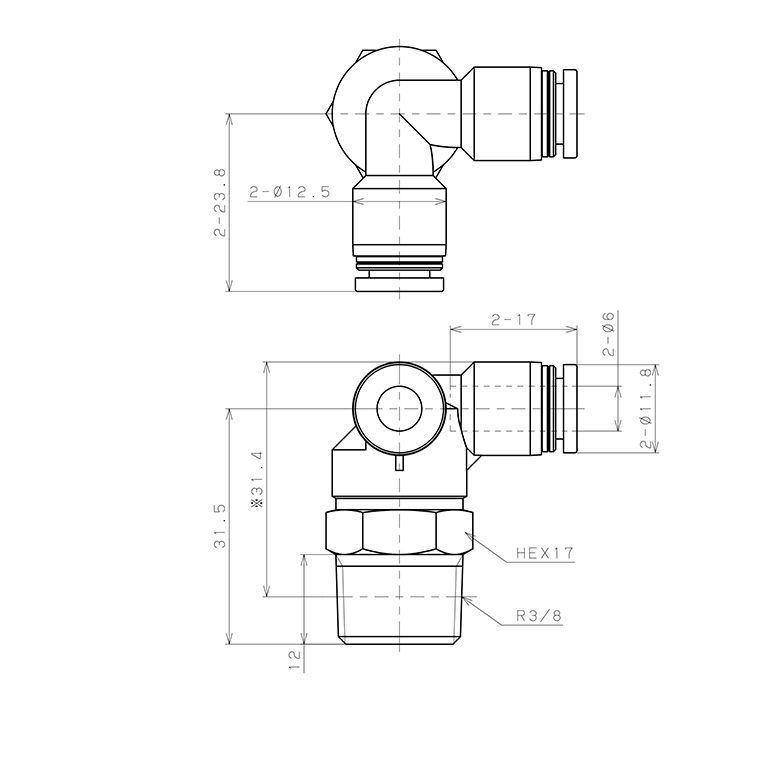 Bản vẽ kỹ thuật Đầu Nối Nhanh Khí Nén Hai Nhánh Chạc Ba Cong 90° Ren Ngoài Pisco PVX6-03
