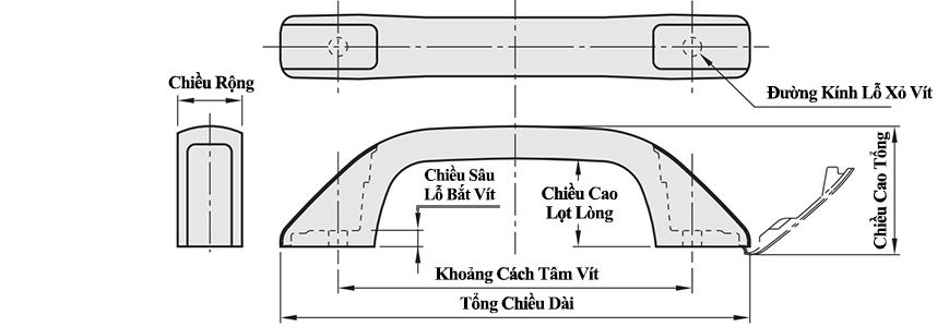 Bản vẽ kỹ thuật Tay Nắm Cửa Nhựa Hình Vòng Cung Có Nắp Màu Đen L 117 mm (UPCDG117)