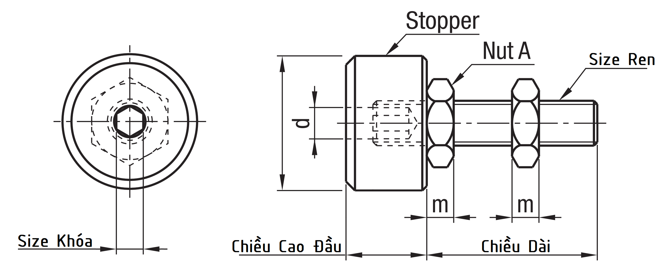 Bản vẽ kỹ thuật Stopper Bolt - Hex Socket Head Cap MC Nylon Type - Coarse UNAHM16-40