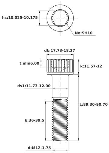 Bản vẽ kỹ thuật Lục Giác Chìm Đầu Trụ Thép Đen 12.9 DIN912 M12x90 Ren Lửng