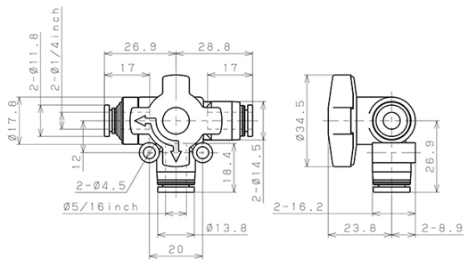 Bản vẽ kỹ thuật Van Chuyển Hướng Khí Nén Ba Ngã Pisco HBV5/16-1/4