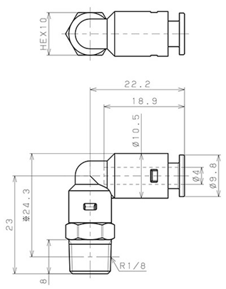 Bản vẽ kỹ thuật Đầu Nối Nhanh Khí Nén Dạng Cong 90° Ren Ngoài Pisco APL4-01