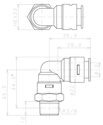 Bản vẽ kỹ thuật Đầu Nối Nhanh Khí Nén Dạng Cong 90° Ren Ngoài Pisco APL12-03-E-C