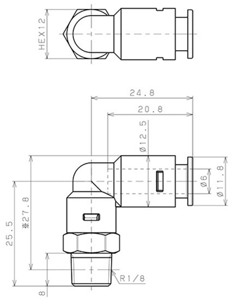 Bản vẽ kỹ thuật Đầu Nối Nhanh Khí Nén Dạng Cong 90° Ren Ngoài Pisco APL6-01-N