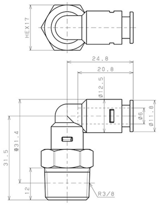 Bản vẽ kỹ thuật Đầu Nối Nhanh Khí Nén Dạng Cong 90° Ren Ngoài Pisco APL6-03-C