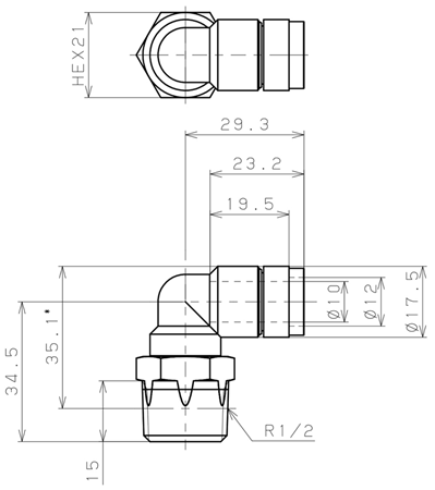 Bản vẽ kỹ thuật Đầu Nối Nhanh Khí Nén Cong 90° Phi 10mm Ren Ngoài R1/2 Pisco KL10-04