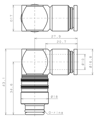 Bản vẽ kỹ thuật Thân Đầu Nối Nhanh Ống Dẫn Điều Khiển Nhiệt Độ Khuôn Đúc Dạng Cong 90° Pisco AKL10-10P