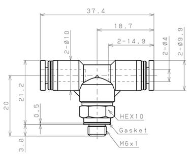 Bản vẽ kỹ thuật Đầu Nối Nhanh Khí Nén Chữ T Phi 4mm Ren Ngoài M6 Pisco PB4-M6