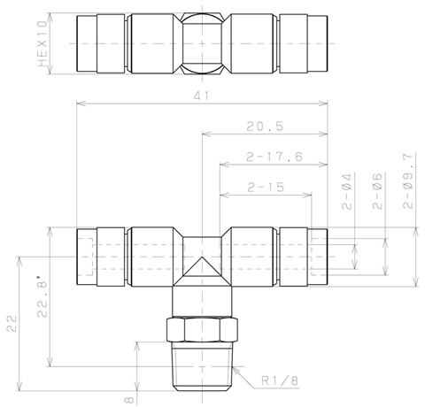 Bản vẽ kỹ thuật Đầu Nối Nhanh Khí Nén Dạng Chữ T Ren Ngoài Pisco KB4-01-F