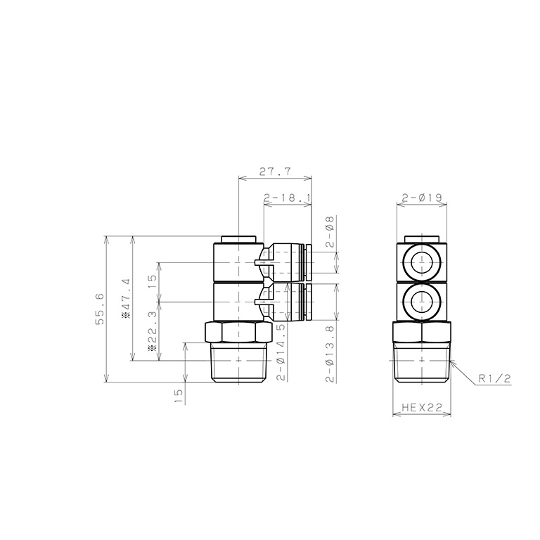 Bản vẽ kỹ thuật Đầu Nối Nhanh Khí Nén Hai Nhánh Cong 90° Thân Lục Giác Trụ Ren Ngoài Pisco PHW8-04