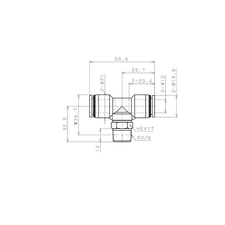 Bản vẽ kỹ thuật Đầu Nối Nhanh Khí Nén Dạng Chữ T Ren Ngoài Pisco PB12-03-C
