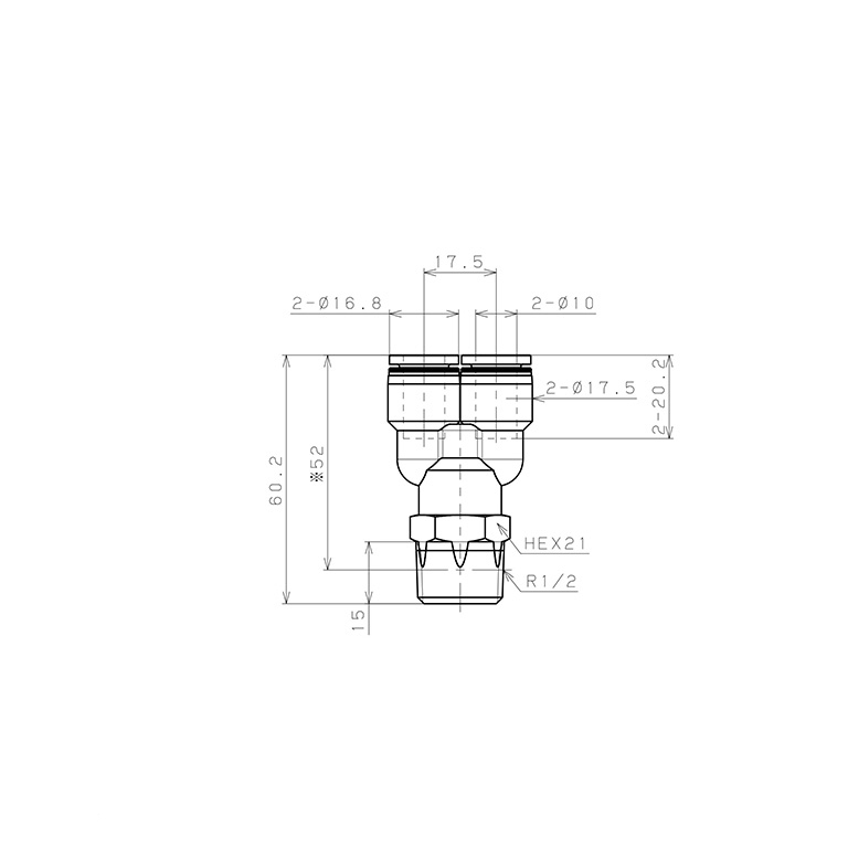 Bản vẽ kỹ thuật Đầu Nối Nhanh Khí Nén Dạng Chữ Y Ren Ngoài Pisco PX10-04W