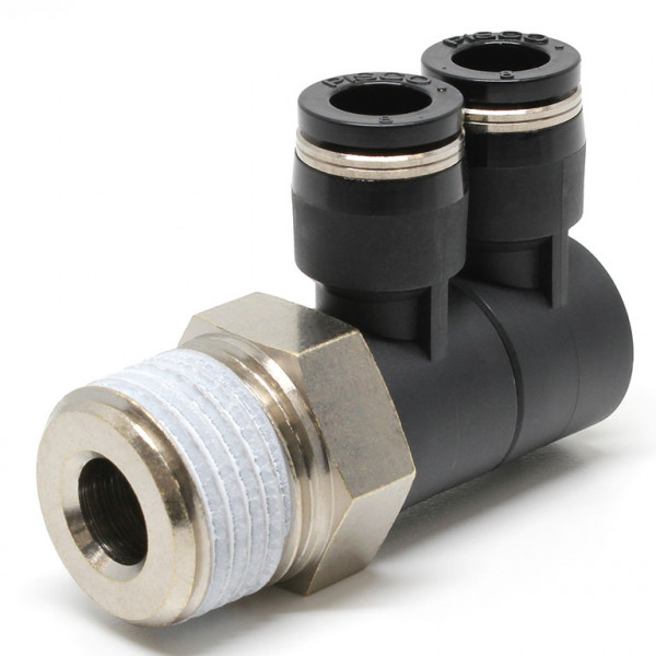 Đầu Nối Nhanh Khí Nén Hai Nhánh Cong 90° Thân Lục Giác Trụ Ren Ngoài Pisco PHW8-04W