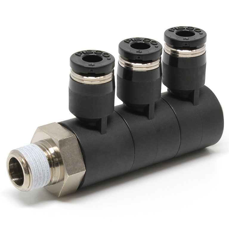 Đầu Nối Nhanh Khí Nén Ba Nhánh Cong 90° Thân Lục Giác Trụ Ren Ngoài Pisco PHT4-01W