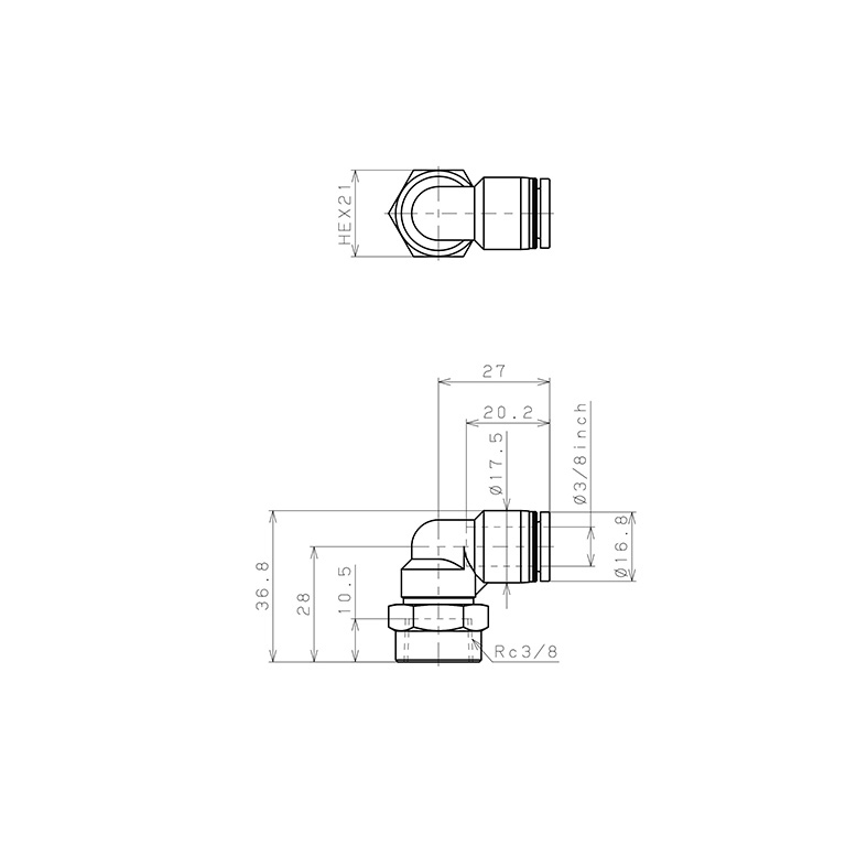 Bản vẽ kỹ thuật Đầu Nối Nhanh Khí Nén Dạng Cong 90° Ren Trong Pisco PLF3/8-03