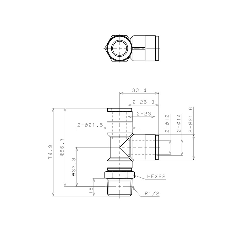 Bản vẽ kỹ thuật Đầu Nối Nhanh Khí Nén Dạng Chữ T Ren Ngoài Pisco KD12-04-F