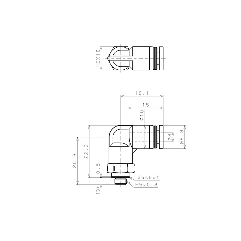 Bản vẽ kỹ thuật Đầu Nối Nhanh Khí Nén Dạng Cong 90° Ren Ngoài Pisco PL4-M5SUS