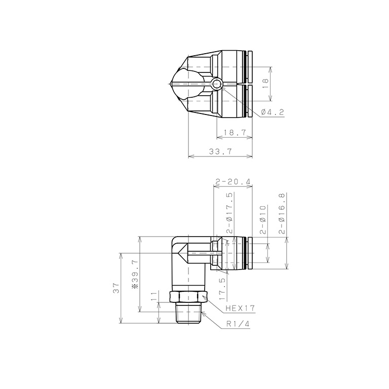 Bản vẽ kỹ thuật Đầu Nối Nhanh Khí Nén Hai Nhánh Cong 90° Ren Ngoài Pisco PAX10-02SUS